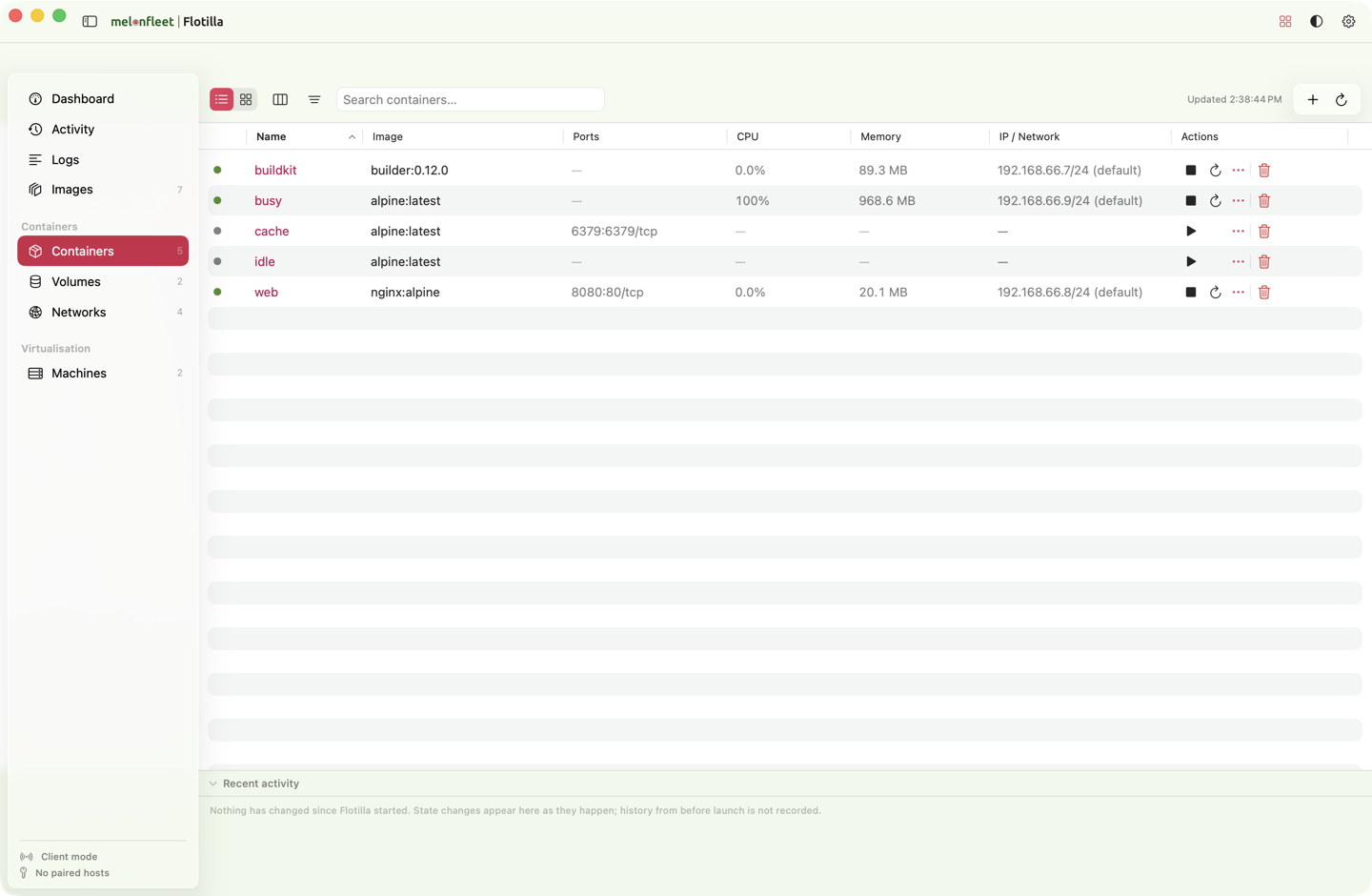 Flotilla's container list: one row per container with live CPU and memory, published ports, IP address, and start, stop and delete controls.