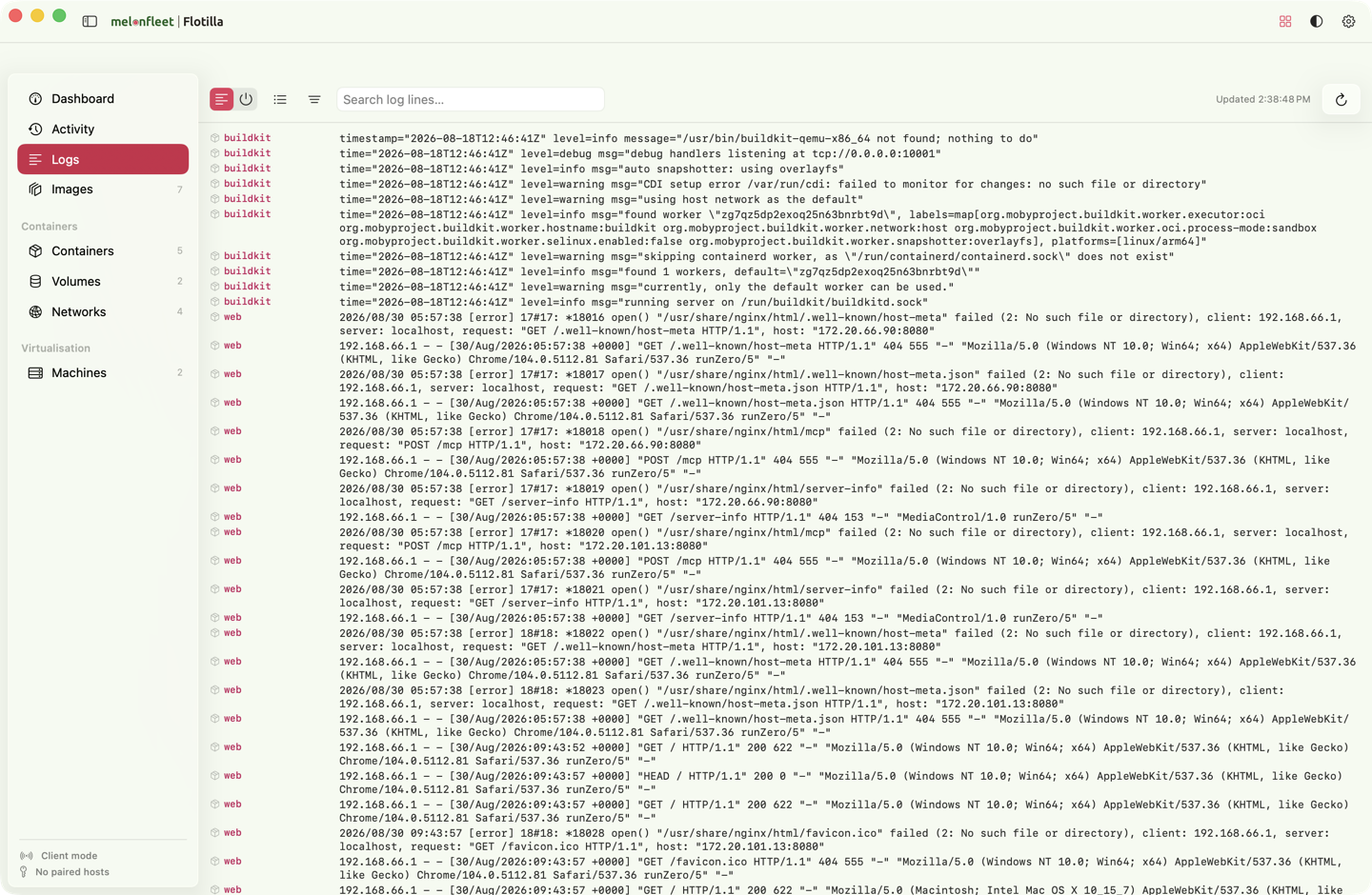 Flotilla's log view: a single combined feed of log lines from several containers, each tagged with its source, above a filter field.