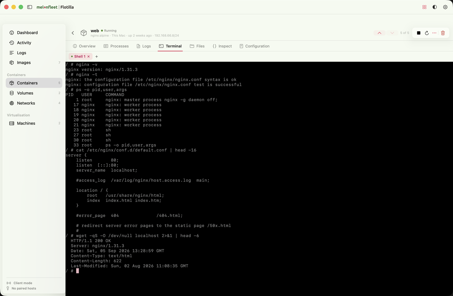 Flotilla's terminal tab: a shell open inside the running nginx container, showing its version, a passing configuration test, the nginx master and worker processes, and a live HTTP 200 response.